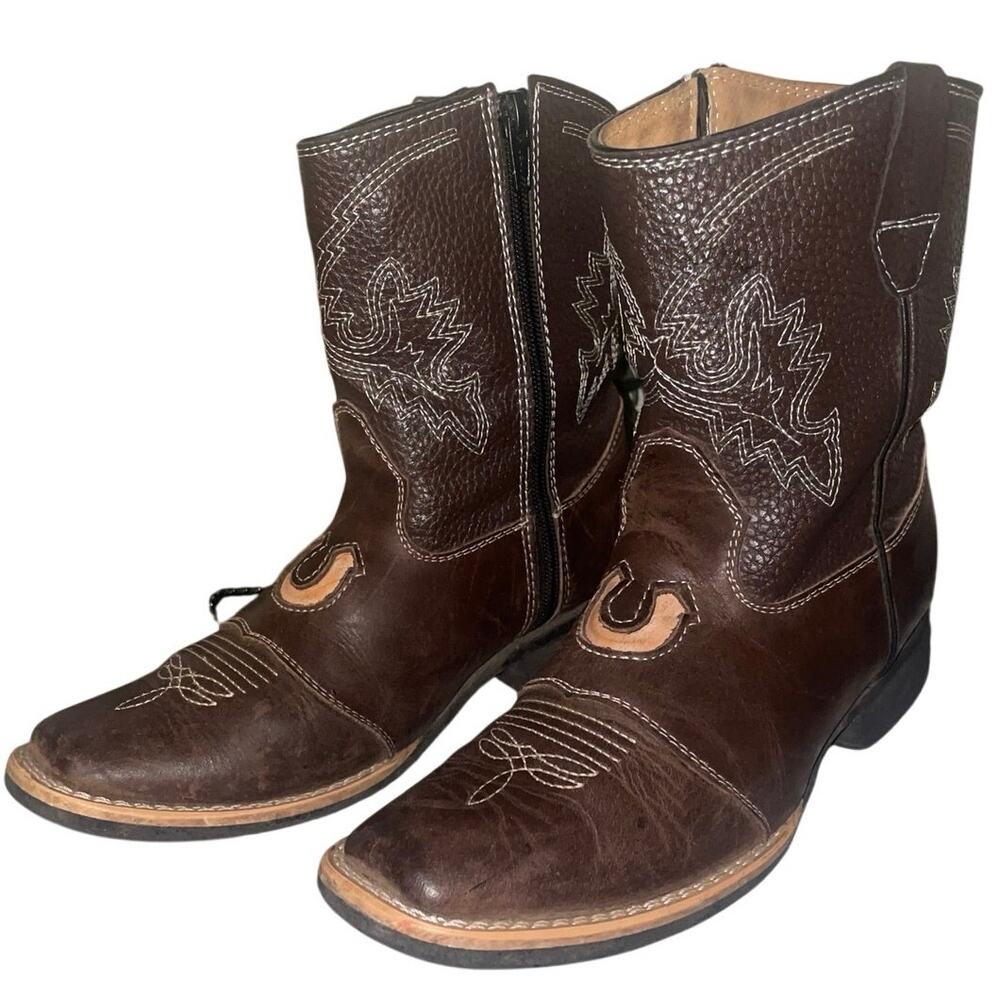 Carreta Boys Western Boots Youth Size 11 Square Toe  Pull On Embroidered Accents
